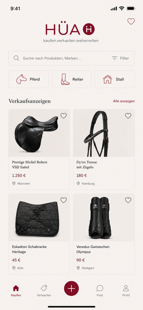 Die HÜA App: Startseite mit Suche, Kategorien und aktuellen Verkaufsanzeigen